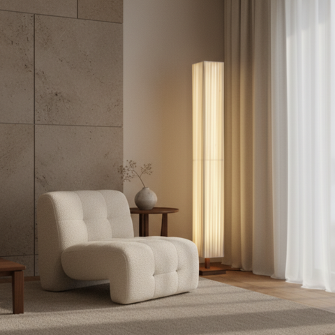 Floor Lamp with Pleated Fabric Shade and Wood Base