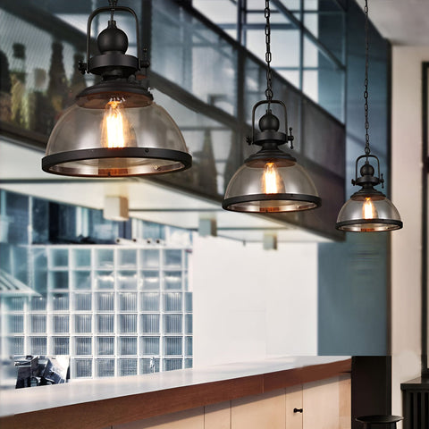 Industrial Glass Pendant Light with Metal Bowl Frame — product view