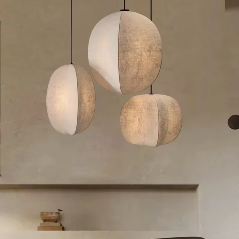 Pendant Light with Draped Fabric and Japandi Lantern Form