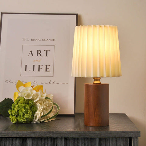 Pleated Fabric Table Lamp with Wood Base and Cylinder Shade