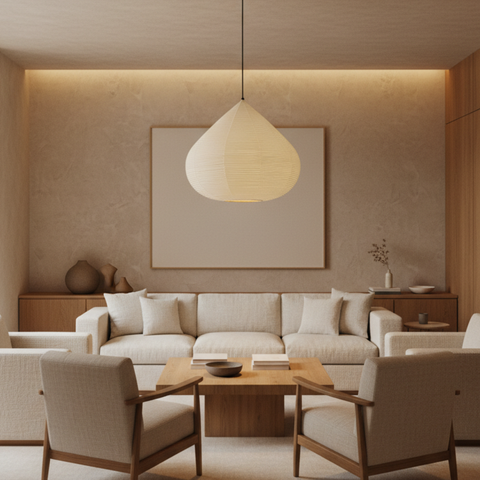 Pendant Light with Ribbed Paper Shade and Adjustable Suspension