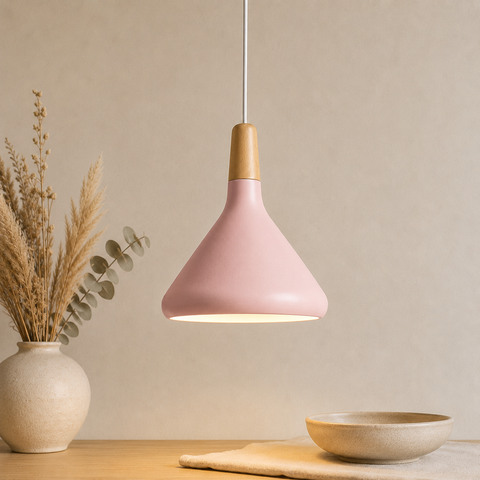 Wood-Accent Aluminum Pendant Light with Three Sizes for Indoor Use