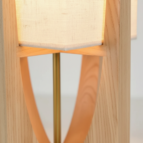 Table and Floor Lamp with Fabric Shade and Cutout Wood Base