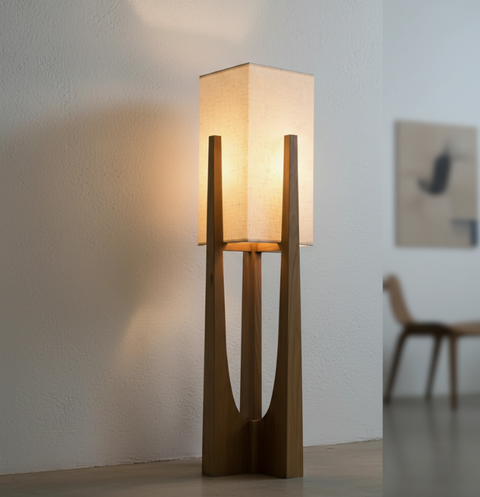 Table and Floor Lamp with Fabric Shade and Cutout Wood Base
