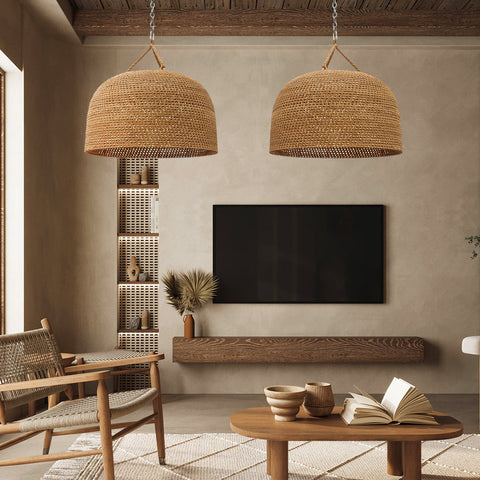 Pendant Light with Handwoven Rattan and Japandi Dome Shade