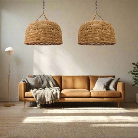Pendant Light with Handwoven Rattan and Japandi Dome Shade