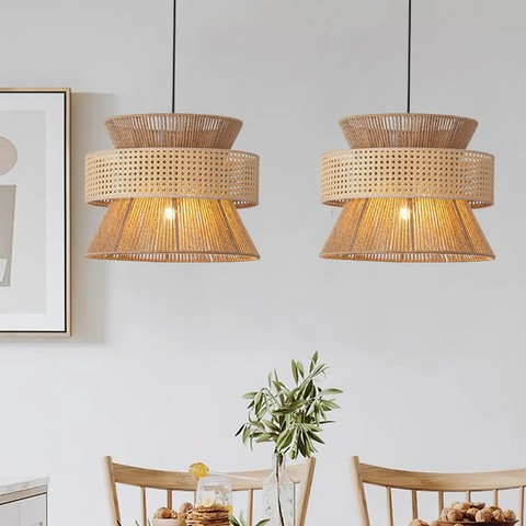 Pendant Light with Layered Handwoven Rattan Veil Shade