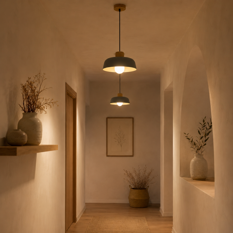 Iron Pendant Light with Wood Accent and Selectable Light Modes