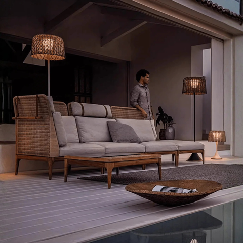 Floor Lamp with Woven Rattan Shade and Solar Outdoor Lighting