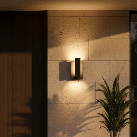 Outdoor Wall Sconce with Offset Metal Panel and LED Backlight