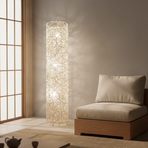 Floor Lamp with Woven Column Shade and Three Light Sources