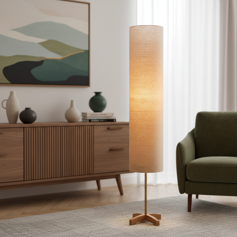 Floor Lamp with Tall Fabric Shade and Crossed Wood Base