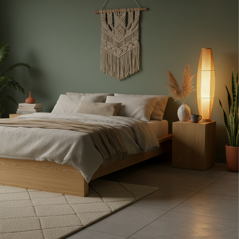 Table and Floor Lamp with Bamboo Slat Shade and Warm LED Light