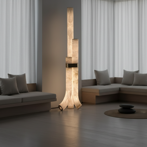 Floor Lamp with Veined Stone Shades and Curved Column Design