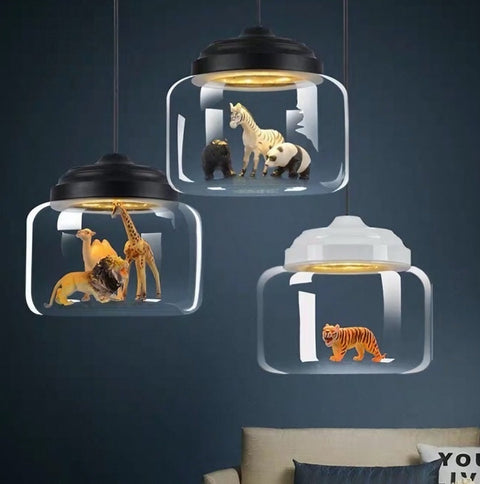 Pendant Light with Glass Display Shade and Playful Zoo Detail