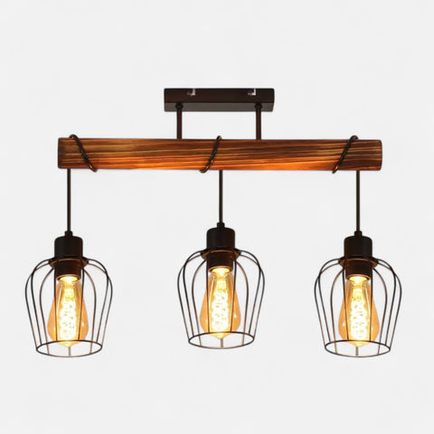 Black Vintage Wooden Chandelier – Industrial 3-Light Adjustable Ceiling Lamp