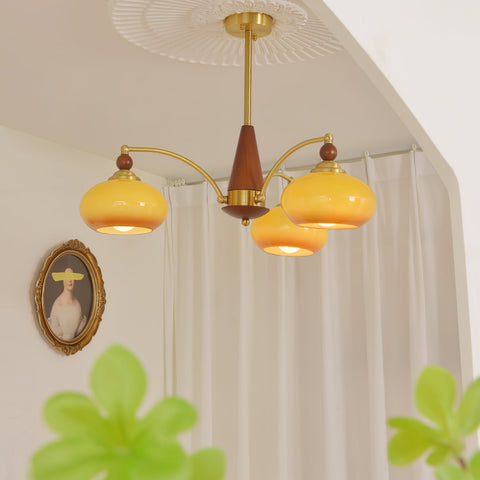 Chandelier with Three Rounded Glass Shades and Retro Style