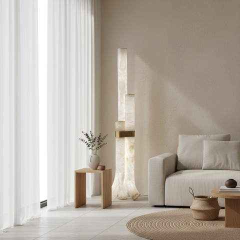 Floor Lamp with Veined Stone Shades and Curved Column Design