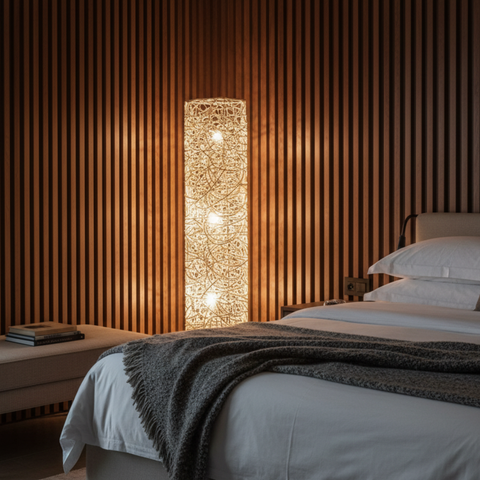 Floor Lamp with Woven Column Shade and Three Light Sources