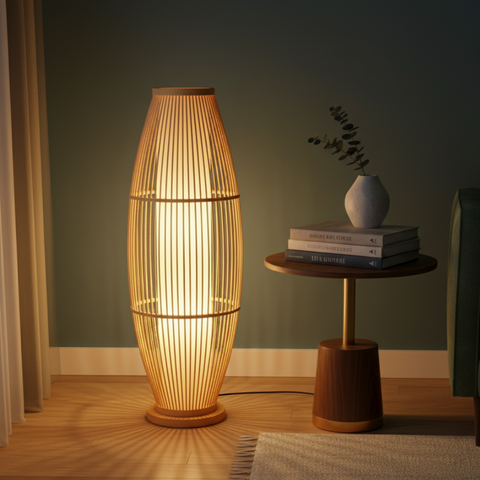 Table and Floor Lamp with Bamboo Slat Shade and Warm LED Light