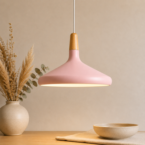 Wood-Accent Aluminum Pendant Light with Three Sizes for Indoor Use