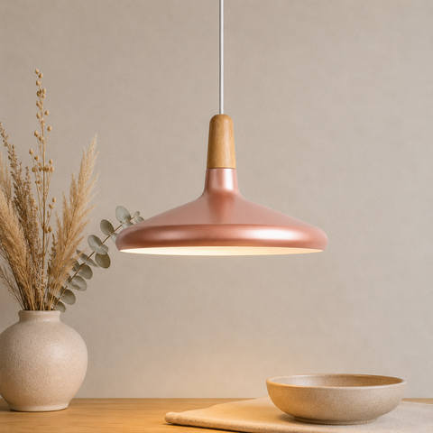 Wood-Accent Aluminum Pendant Light with Three Sizes for Indoor Use