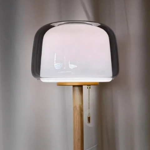 Floor Lamp with Layered Glass Dome and Wood Column Details