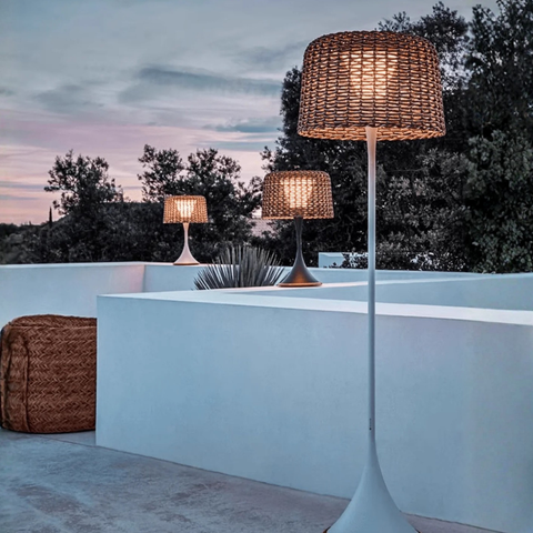 Floor Lamp with Woven Rattan Shade and Solar Outdoor Lighting