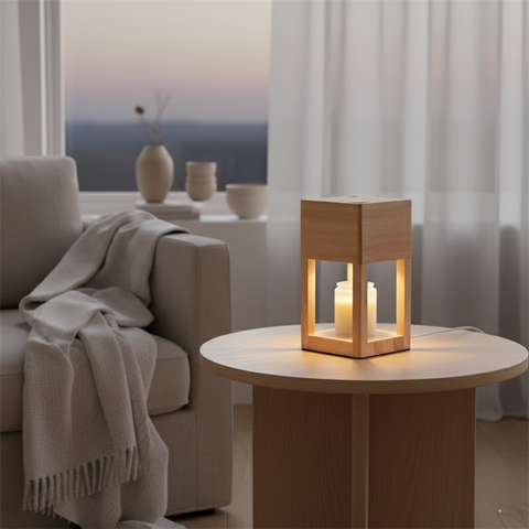 Candle Warmer Lamp with Open Wood Frame and Adjustable Brightness
