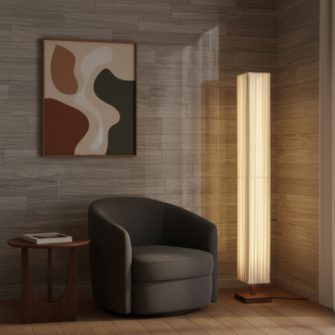 Floor Lamp with Pleated Fabric Shade and Wood Base
