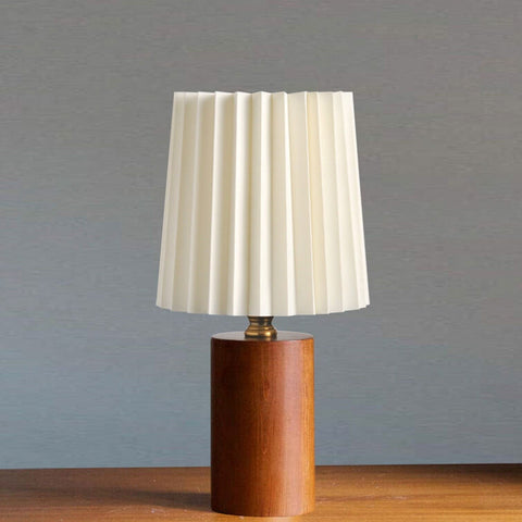 Pleated Fabric Table Lamp with Wood Base and Cylinder Shade