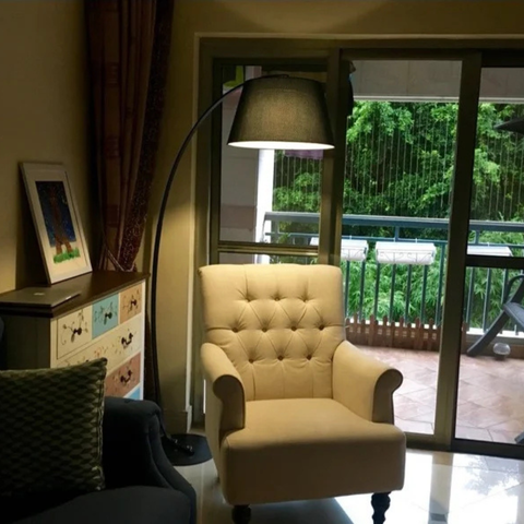 Arc Floor Lamp with Fabric Shade and Curved Metal Stem