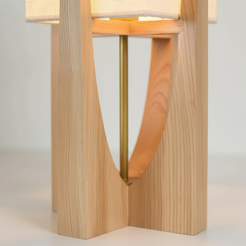 Table and Floor Lamp with Fabric Shade and Cutout Wood Base