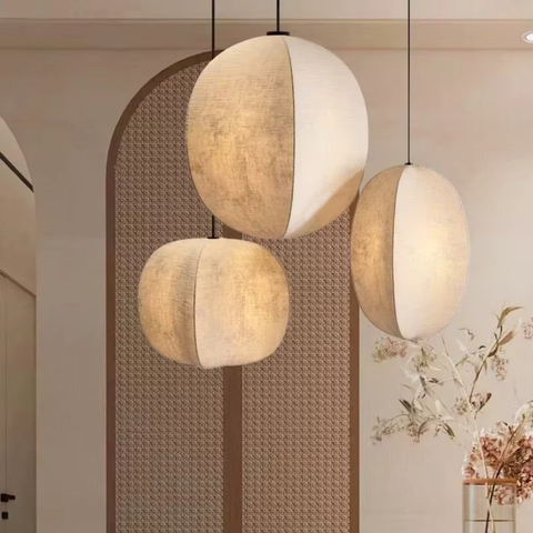 Pendant Light with Draped Fabric and Japandi Lantern Form