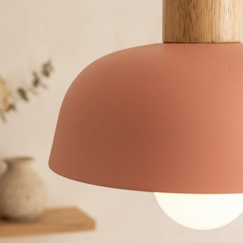 Iron Pendant Light with Wood Accent and Selectable Light Modes