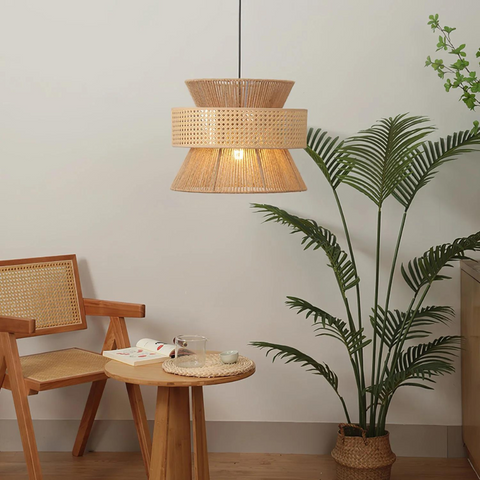 Pendant Light with Layered Handwoven Rattan Veil Shade