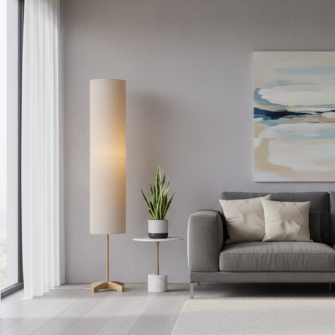 Floor Lamp with Tall Fabric Shade and Crossed Wood Base