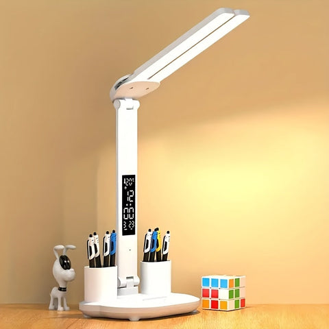 Adjustable Dual-Head LED Desk Lamp with Clock and USB Power