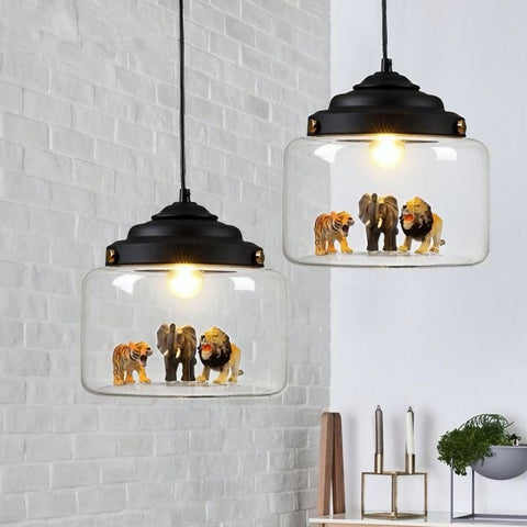 Pendant Light with Glass Display Shade and Playful Zoo Detail