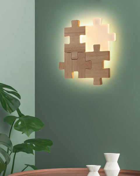 Wooden Puzzle LED Wall Lamp with Decorative Interlocking Design and Soft Ambient Lighting