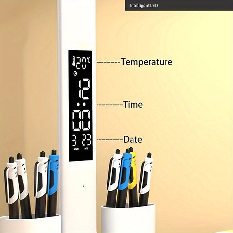 Adjustable Dual-Head LED Desk Lamp with Clock and USB Power