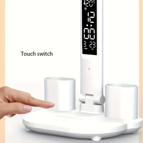 Adjustable Dual-Head LED Desk Lamp with Clock and USB Power