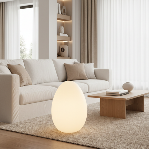 Floor Lamp with Sculptural Egg Shape and Three LED Light Colors