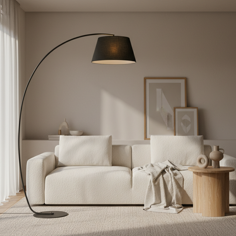 Arc Floor Lamp with Fabric Shade and Curved Metal Stem