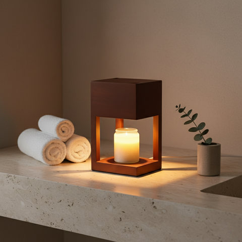 Candle Warmer Lamp with Open Wood Frame and Adjustable Brightness