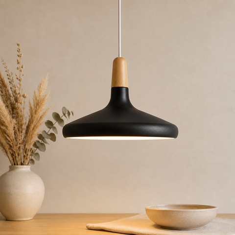 Wood-Accent Aluminum Pendant Light with Three Sizes for Indoor Use