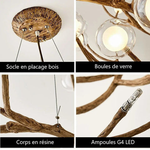 Branch Chandelier with Glass Globes for Rustic Dining and Living Rooms