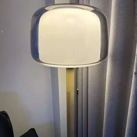 Floor Lamp with Layered Glass Dome and Wood Column Details