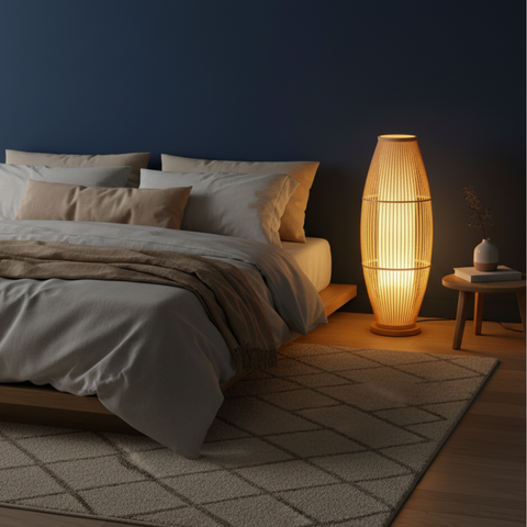 Table and Floor Lamp with Bamboo Slat Shade and Warm LED Light
