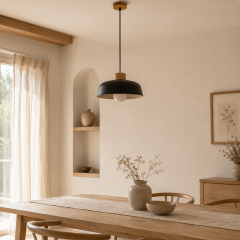 Iron Pendant Light with Wood Accent and Selectable Light Modes